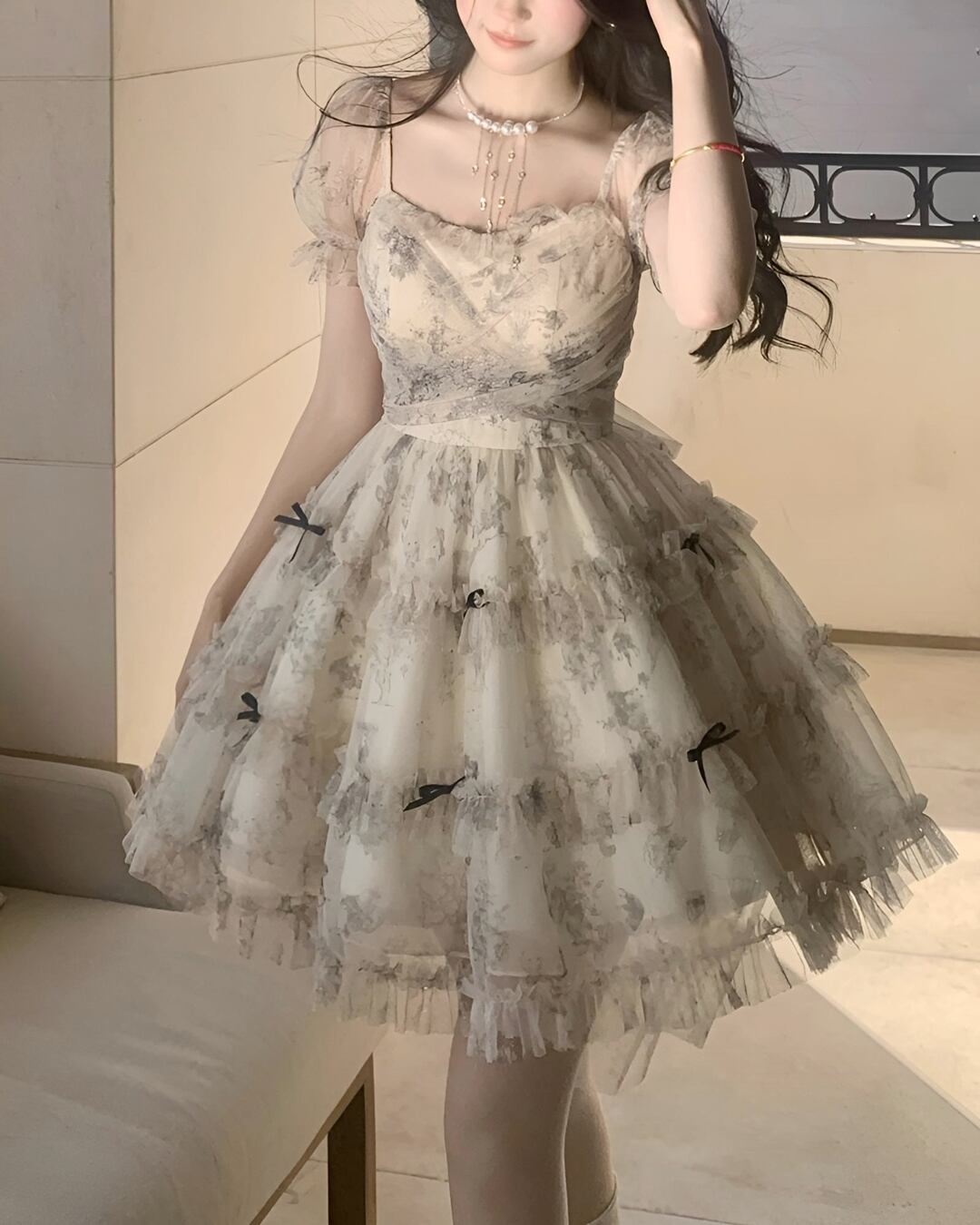 グレーチュールリボンパフィーワンピース 2503048