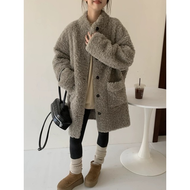 テディベア ノーカラーボアミドルコート グレー CT00151