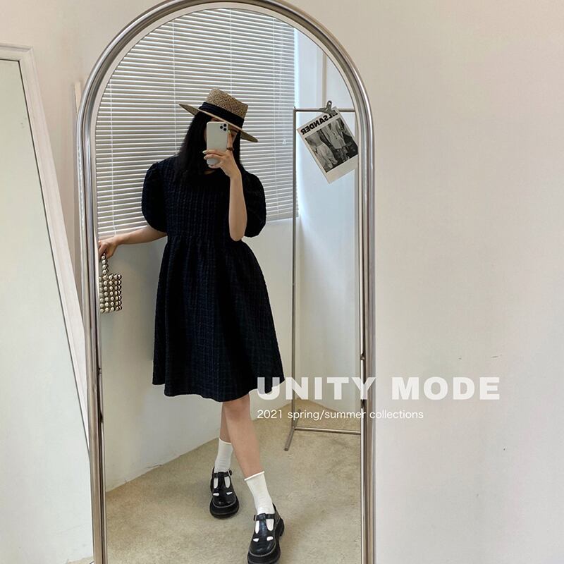 スリーブドレス サマーショートルーズ薄手ソリッド カラープリーツラウンドネックAラインスカート 夏物 Oネック ソリッドカラー ビッグFスモールZ韓国45518409916