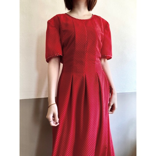 1980s Red Pin Dot Bow Dress