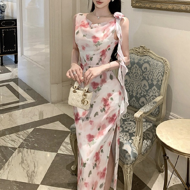 ワンピース ノースリーブ 花柄 シフォン スリット 美人度アップ S M L