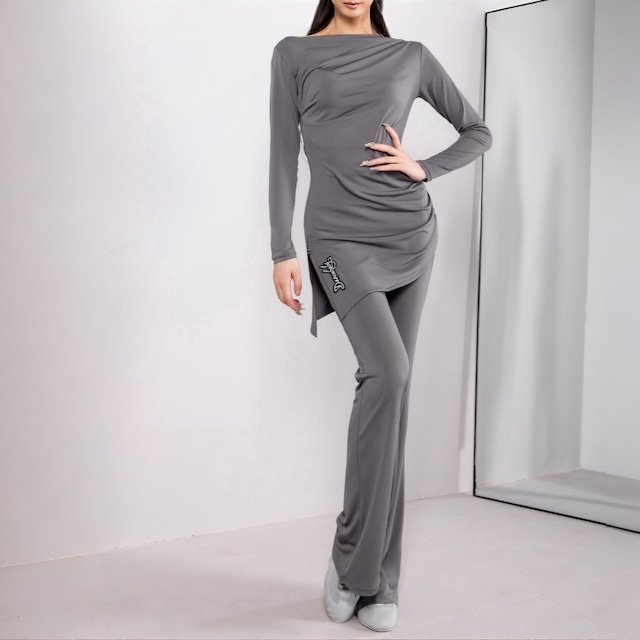 シャーリング サイドスリット トップス&ハイウエストフレアパンツSET 3col D00122