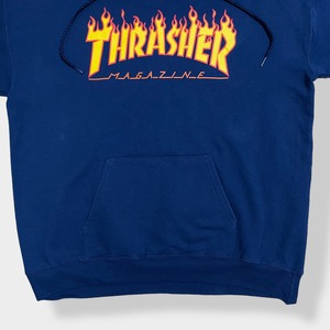 【THRASHER】フレイムロゴ プリント パーカー プルオーバー スウェット フーディー hoodie M ネイビー スラッシャースケートボード スケーター ボード us古着