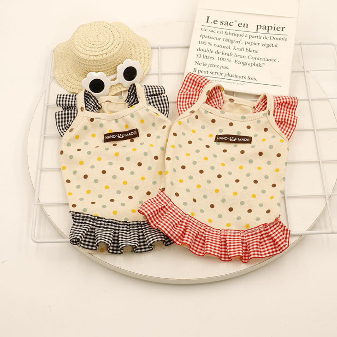 【全4色】ドット柄とチェックのワンピースとベスト d1395