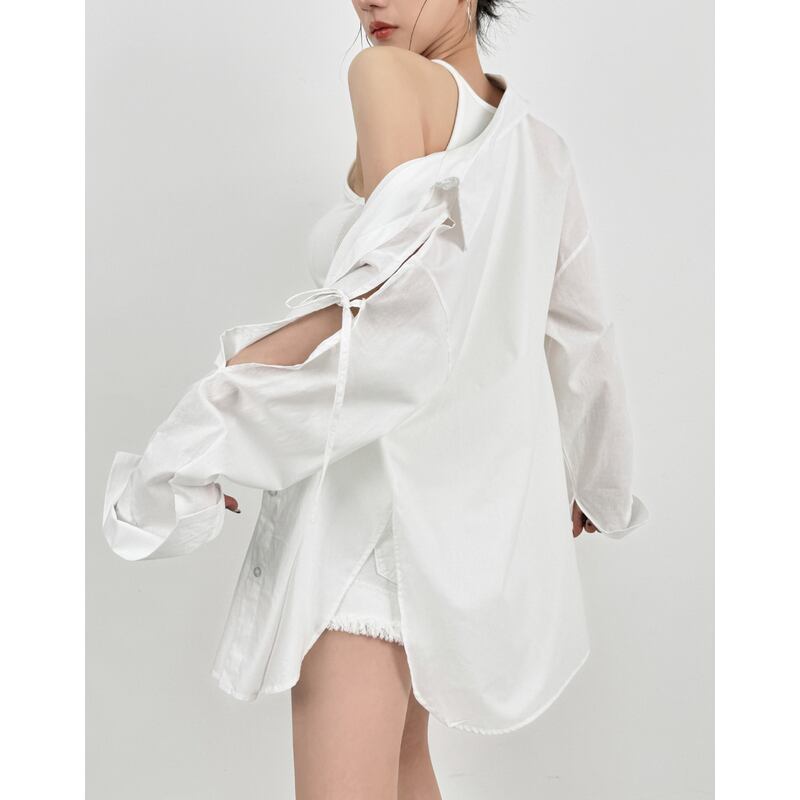 open shoulder band color long sleeve front tie denim shorts la1969