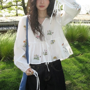 flower ribbon gather blouse　k-0090