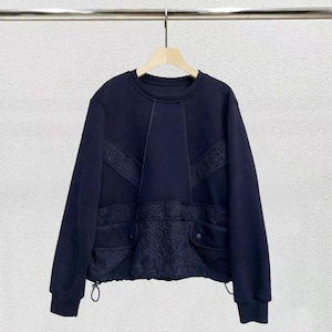 LACE STITCHED DRAWCORD HEM ROUND NECK SWEAT SHIRT 3colors M-15919