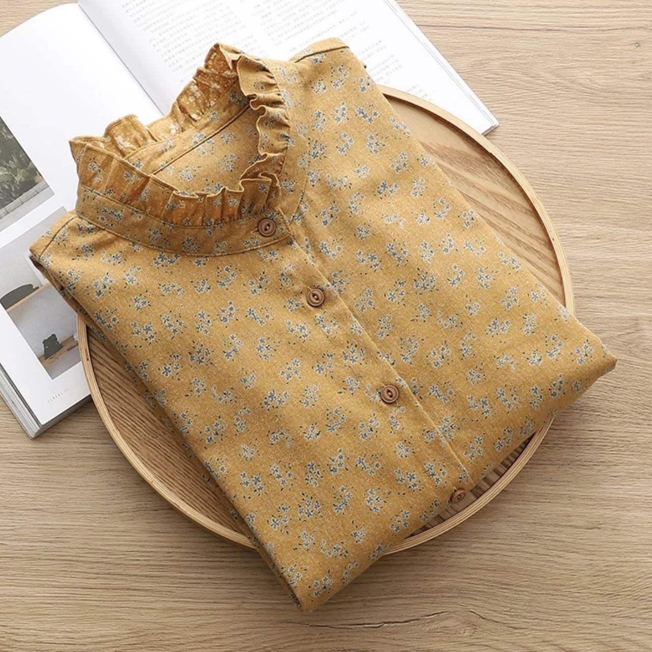 小花柄フリルネックブラウス fu0935