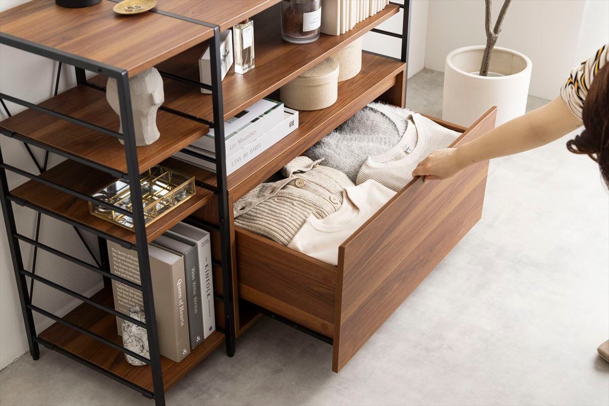 シェルフラック　幅105cm　引き出し付き　棚　ラック　インテリア　ブラウン 全2色】ラフでヴィンテージな風合いがおしゃれな空間を演出する