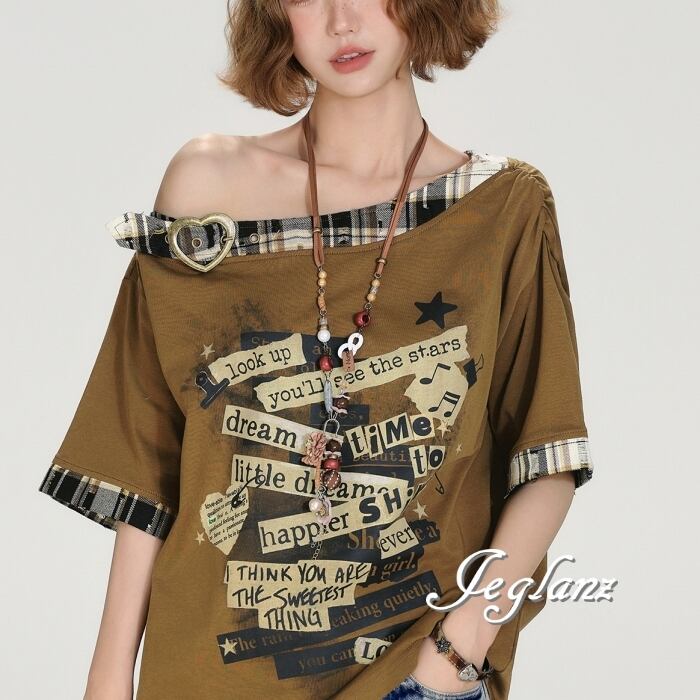 ハート リング ロゴ 半袖 チェック リンガー Tシャツ ワンショル(MC676)ρ