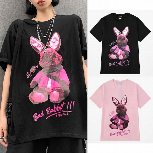 ユニセックス Tシャツ 半袖 ラウンドネック バッドラビット うさぎ プリント オーバーサイズ 韓国ファッション メンズ レディース 大きいサイズ ルーズ ストリートファッション (DTC-621638638683)