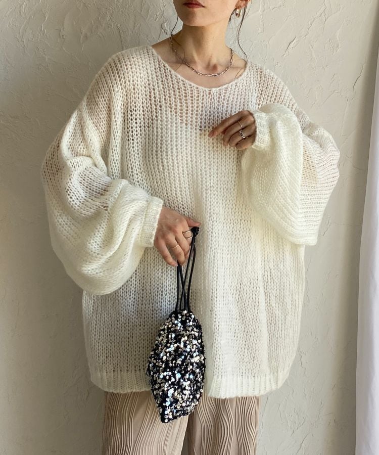 ◇即納◇ボリュームスリーブロング丈ざっくりモヘア透かし編みニット 