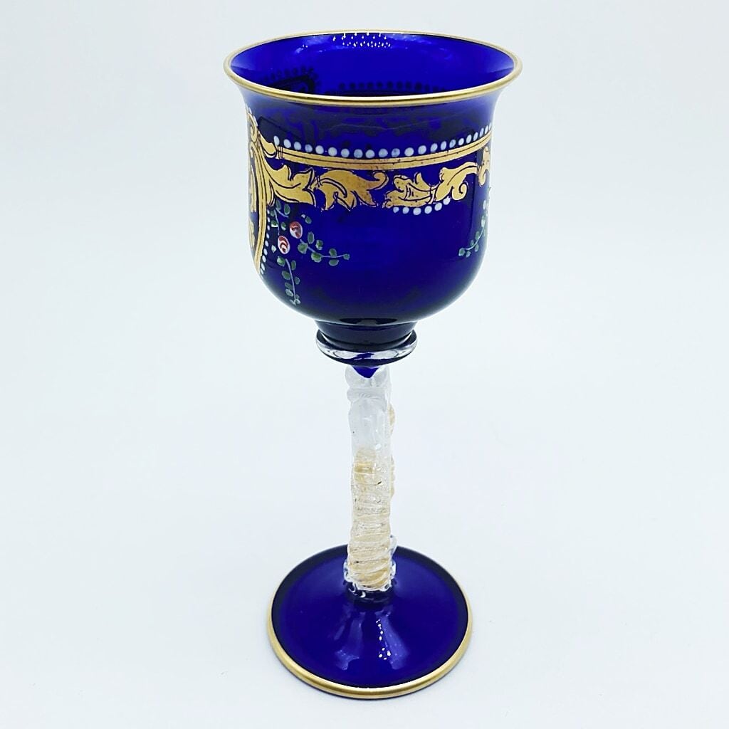 ベネチアングラス ムラノ イタリア ワイングラス ブルー フィリグラーナ 金彩 花紋 ヴェネチアガラス 14.5cm