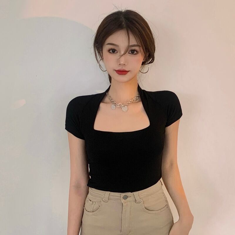 サマースタイル半袖スリーブスリムソリッド カラーTシャツ レディース ショート ハーフスリーブ 夏物 ソリッドカラー スクウェア ハンチェンe61215748896