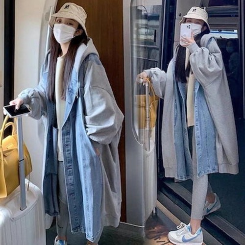 コート レディース 冬 春 アメリカンスタイル フード付き ドッキング デニム 韓版 ミドル丈 カジュアル ワークウェア 裹起毛 トレンチコート コート ダウンコート防寒 アウター 厚 韓国ファッショ