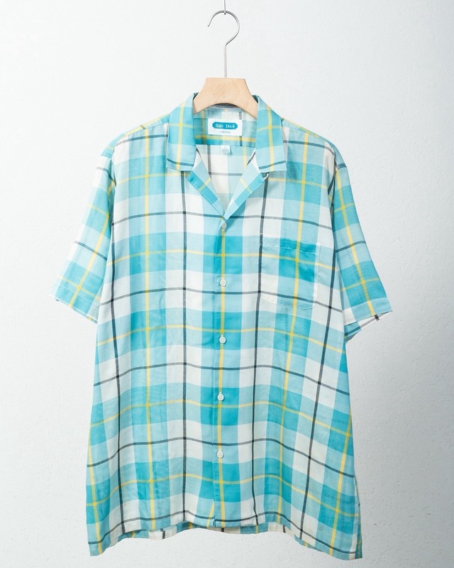vintage check patterned open collar cotton short sleeve shirt