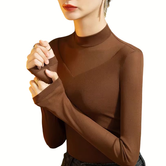 モックネック V字シースルー スリムフィット トップス 4col　D00487