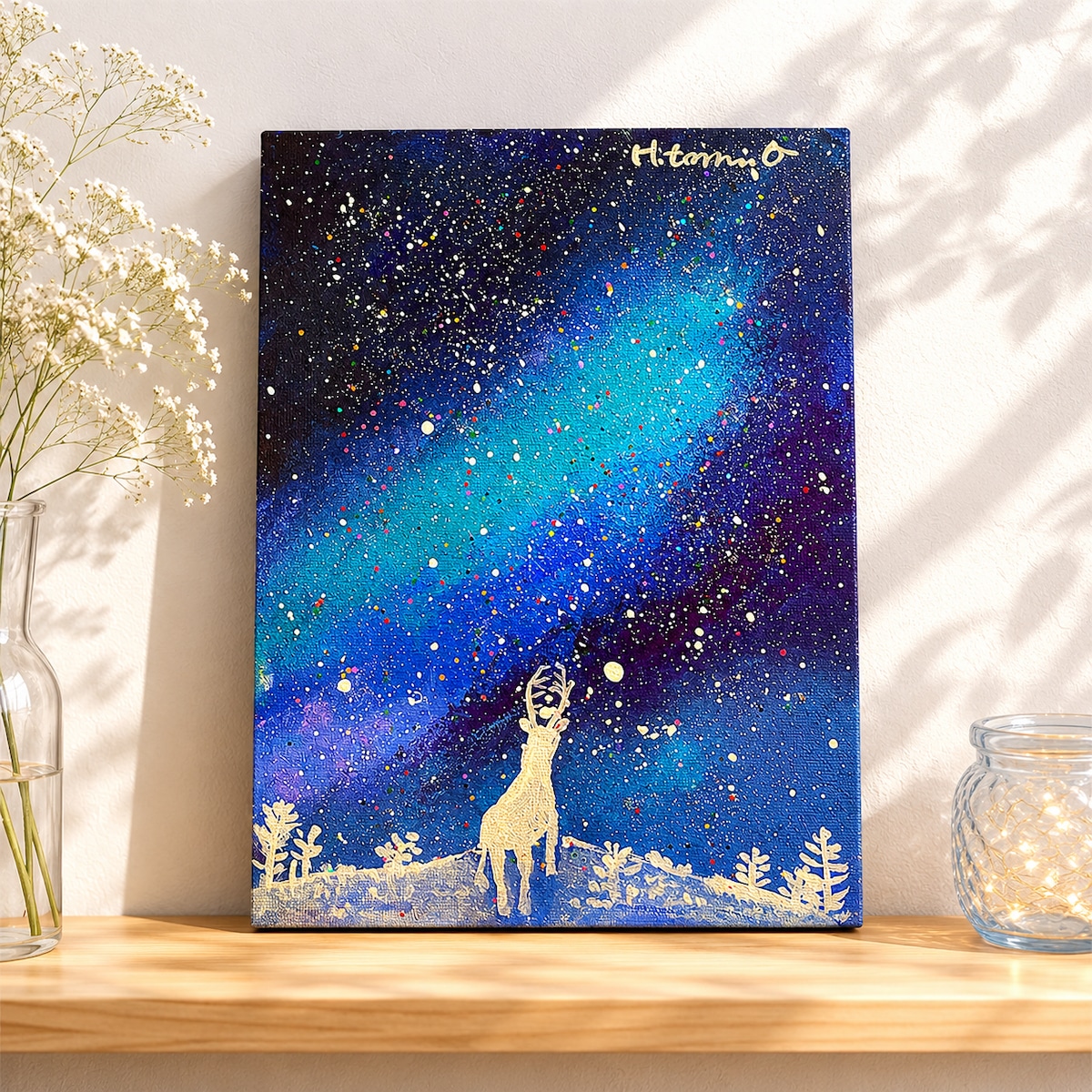 A-140/26】真作○原画 絵画 星空と鹿の風景画 キャンバスパネル 真作