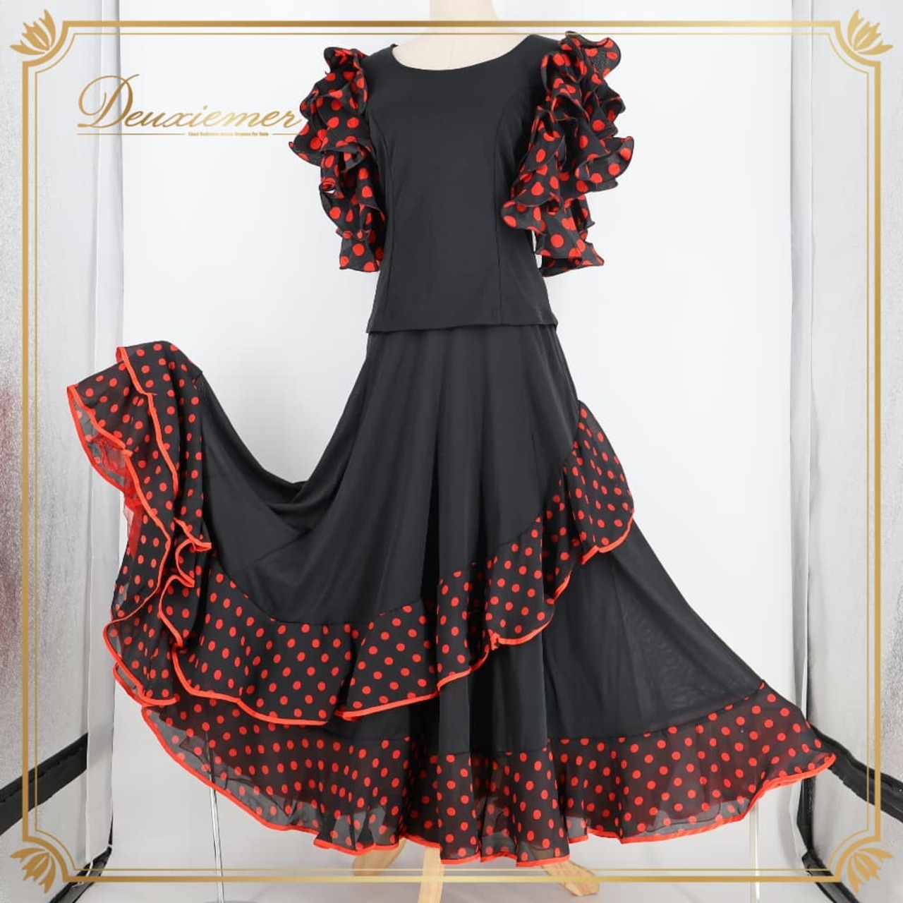 フラメンコ 衣装 prima boutique プリマブティック ツーピース セットアップ 上下セット ブラック系 水玉 ドット 黒 赤 ボランテ フリル かわいい ダンス衣装 イベント ステージ レディース ポップ おしゃれ レッド系