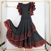 フラメンコ 衣装 prima boutique プリマブティック ツーピース セットアップ 上下セット ブラック系 水玉 ドット 黒 赤 ボランテ フリル かわいい ダンス衣装 イベント ステージ レディース ポップ おしゃれ レッド系