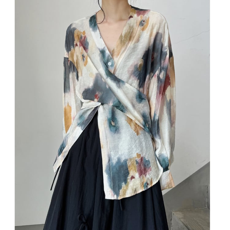 アートプリントクロスデザインブラウスアシンメトリー・長袖トップスR01325