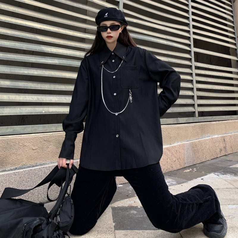 黒シャツ レトロ チェーン 闇かわいい ゴシック ストリート系バンギャ