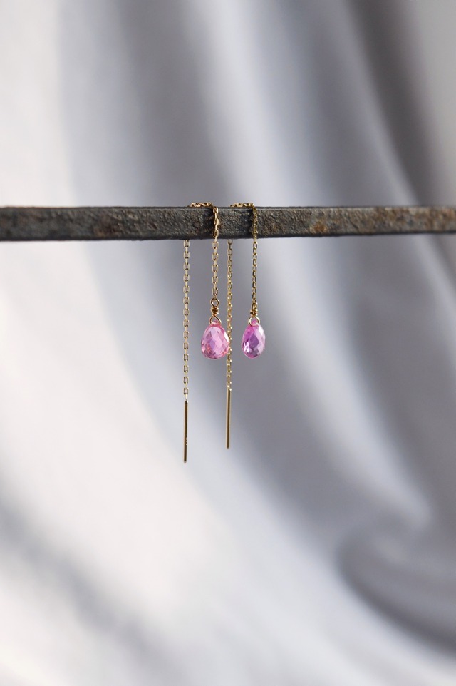 K18 Pink Sapphire Long chain Earrings 18金ピンクサファイアロングチェーンピアス