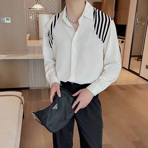 【予約販売】シャツ 長袖 シンプル 無地 個性的 モード モノトーン 切り替え アシンメトリー メンズ ホワイト ブラック カジュアル シック こなれ感 お洒落 韓国 トレンド 春 秋 M/L/XL/2XL