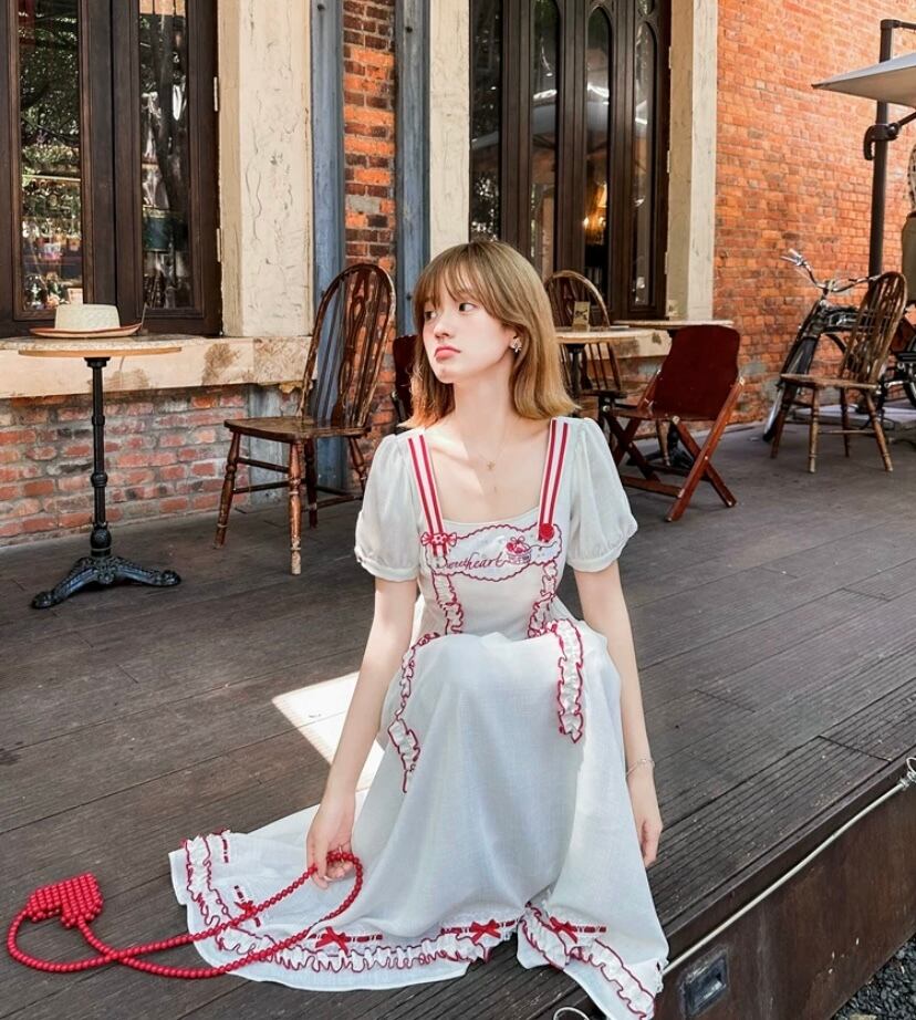 赤 リボン 白 黒 ワンピース ガーリー XL 可愛い ゆったり リボン | PAY ID