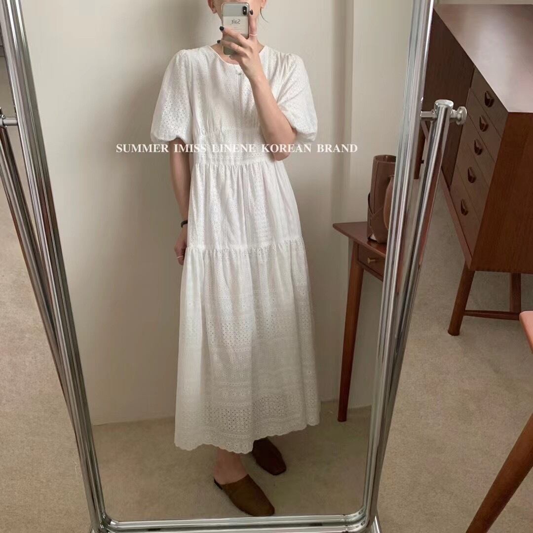 ソリッド カラースリーブドレス サマーハイウェストラウンドネックロングスカート 夏物 Oネック ソリッドカラー ビッグFスモールZ韓国2473588549