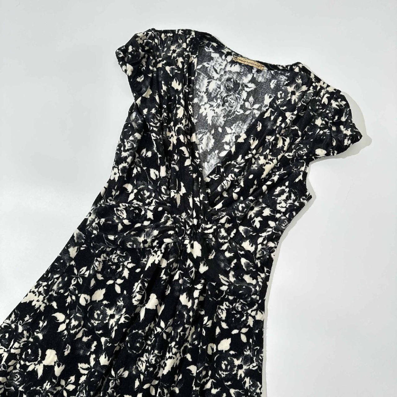 フランス製◆MAILLE DEMOISELLE マドモアゼル カシュクール 半袖ワンピース 総柄 花柄 伸縮性 サイズ1/ブラック/ヴィンテージ