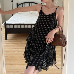 【ワンカラー】 アシンメトリーフリルドットワンピース b1226