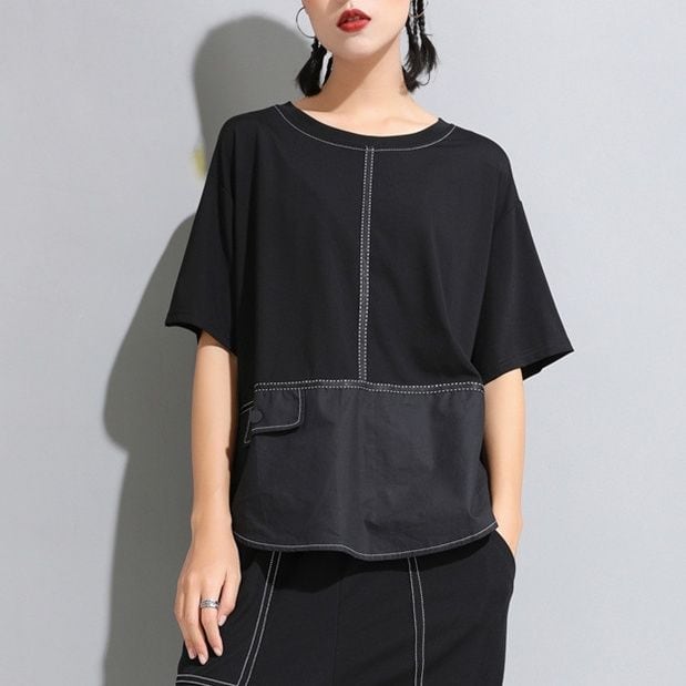 BUTTON DECORATION CONTRAST STITCH SHORT SLEEVE M-18204