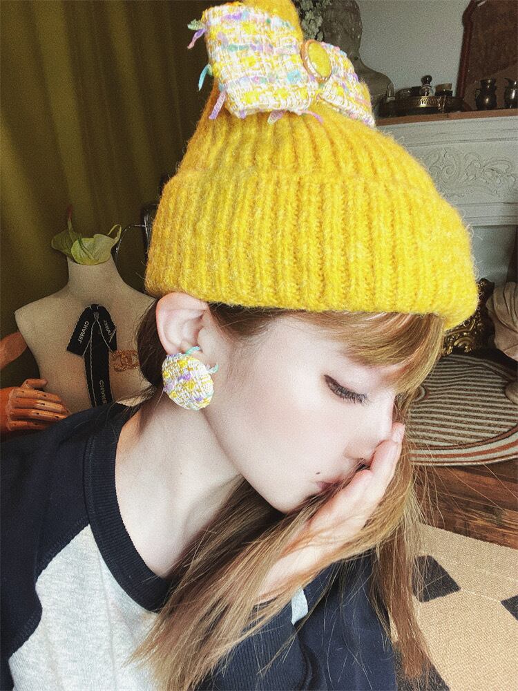 かぎ針編み 帽子 黄色と紫のストライプ ニット帽ビーニー バケット 大きめサイズL 紫 山吹色 ブルー 黄色