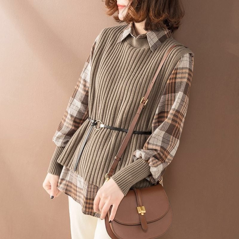 即納】レディース 春秋冬 長袖 チェック柄ブラウス ニットベスト