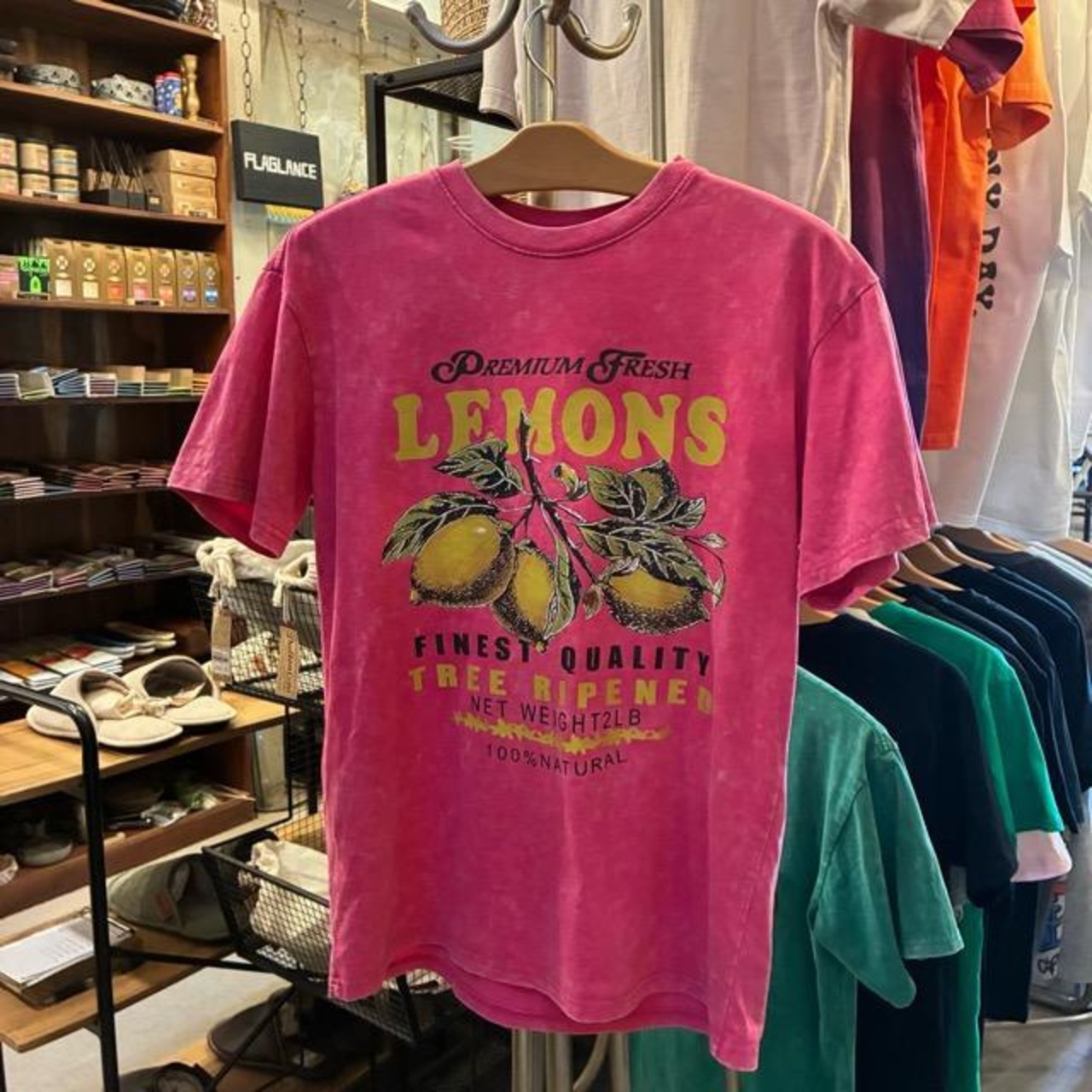 TOPANGA Lady's　ピグメントダイグラフィックTシャツ　全2色　LEMONS　 全２色　ピンク　グリーン　カットソー　S　M　メンズ　レディース　ユニセックス
