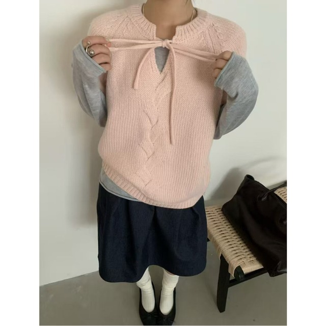 keyhole ribbon cable short sleeve knit【3color】  e2079