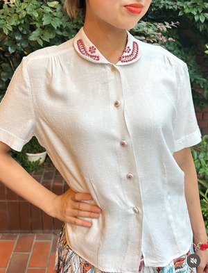 50's vermillion beads clear rhinestone blouse