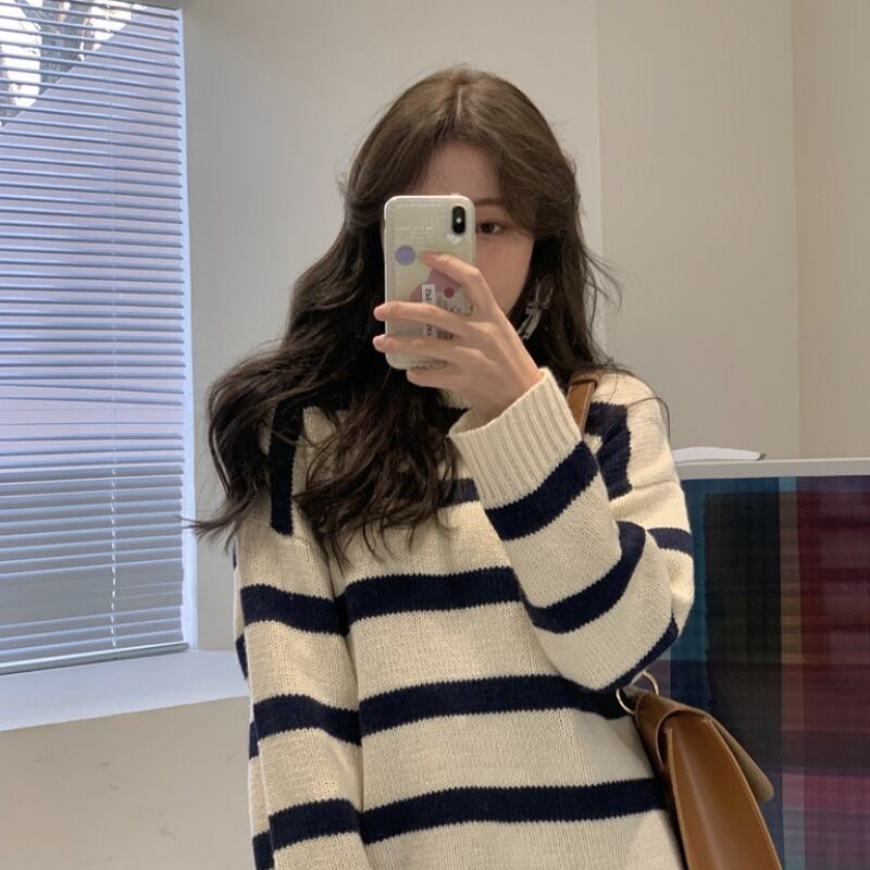 ラウンドネックプルオーバー ストライプセーター オータムウィンターニットシャツ 秋物 冬物 Oネック 萌量不足70069664717