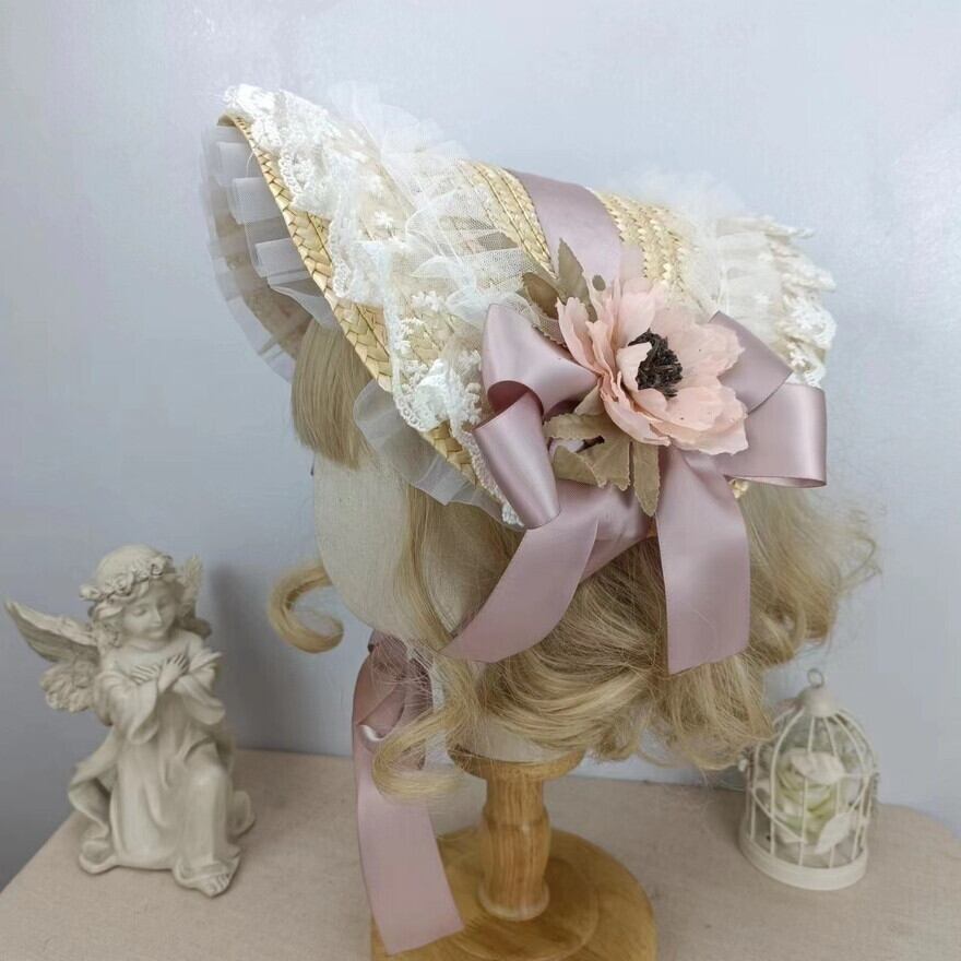 値下げ】ピンク色が可愛い♡麦わらボンネット 麦わら ボンネット