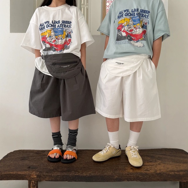【KID】ゆったりワイドシルエット無地パニーニハーフパンツ - 4