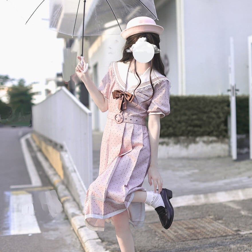 量産型クラロリ｜ピンク水玉のセーラーワンピース ミドル丈 | ロリータ