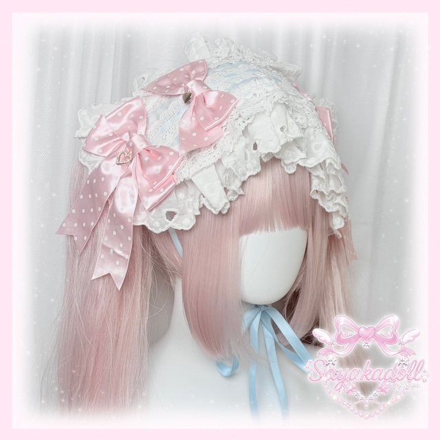 ♡【全5色】ドット柄サテンダブルリボン ボリューミーフリル ギンガムチェックヘッドドレス light blue×pink ♡