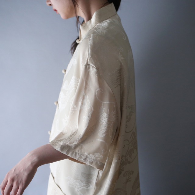 "龍" gloss art pattern over silhouette h/s china shirt