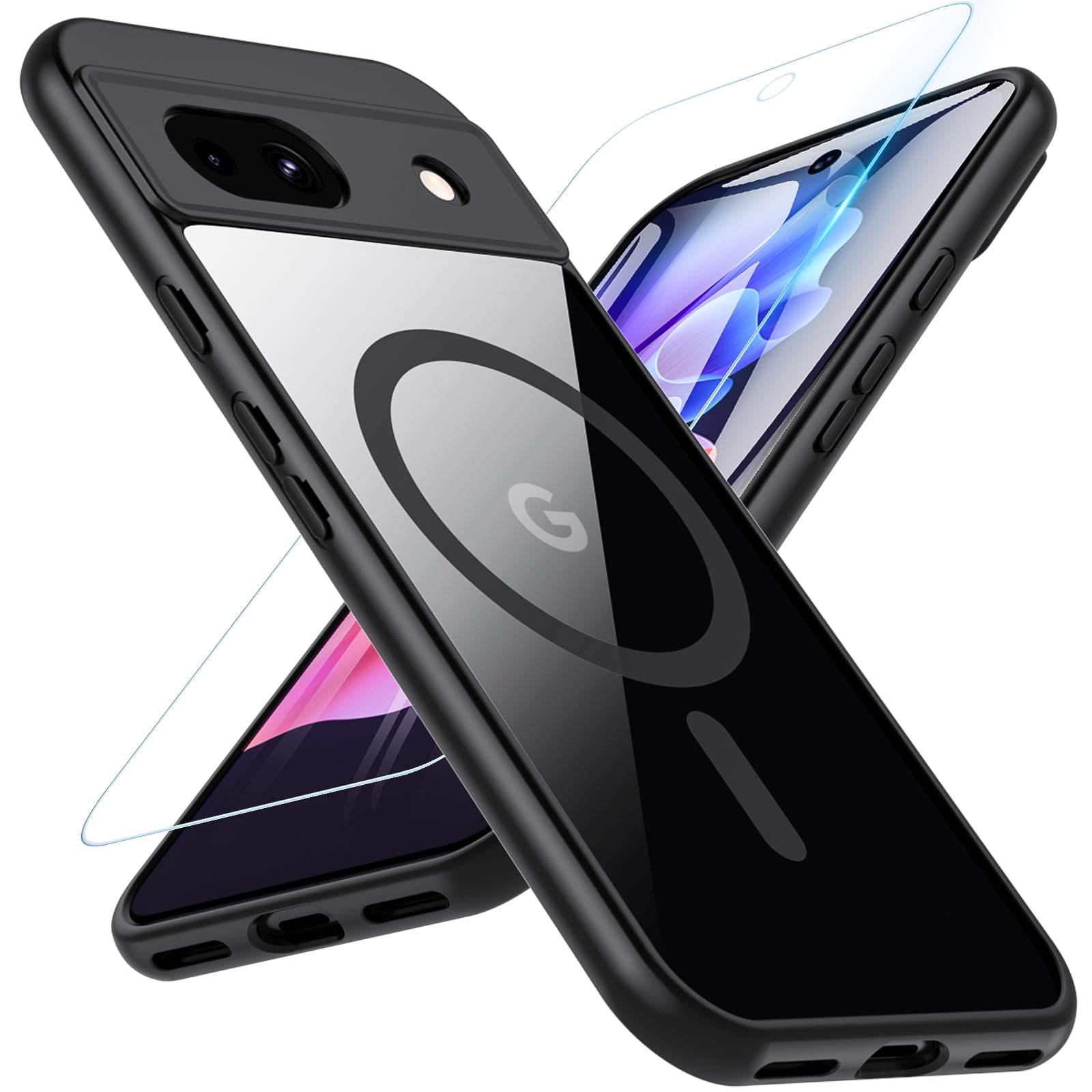 BESINPO Google Pixel 8a ケース ガラスフィルム付き MagSafe対応 黄ばみなし 耐衝撃 6.1インチ ブラック+クリア