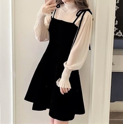 2色 ハイネックラメシアーインナーx肩リボンキャミソールワンピース Op0047 Monodoll モノトーンを世界観としたフレンチガーリー 量産型 地雷系 ゴシックファッション通販