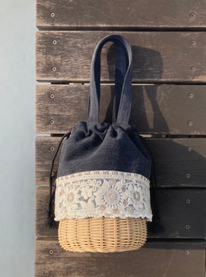 Type custom Drawstring BK Denim × India Embroidery ribbon Pearl インド刺繍リボン かごバッグ ラタン リメイクバッグ ハンドメイド かご巾着 デニムバッグ ブラックデニム