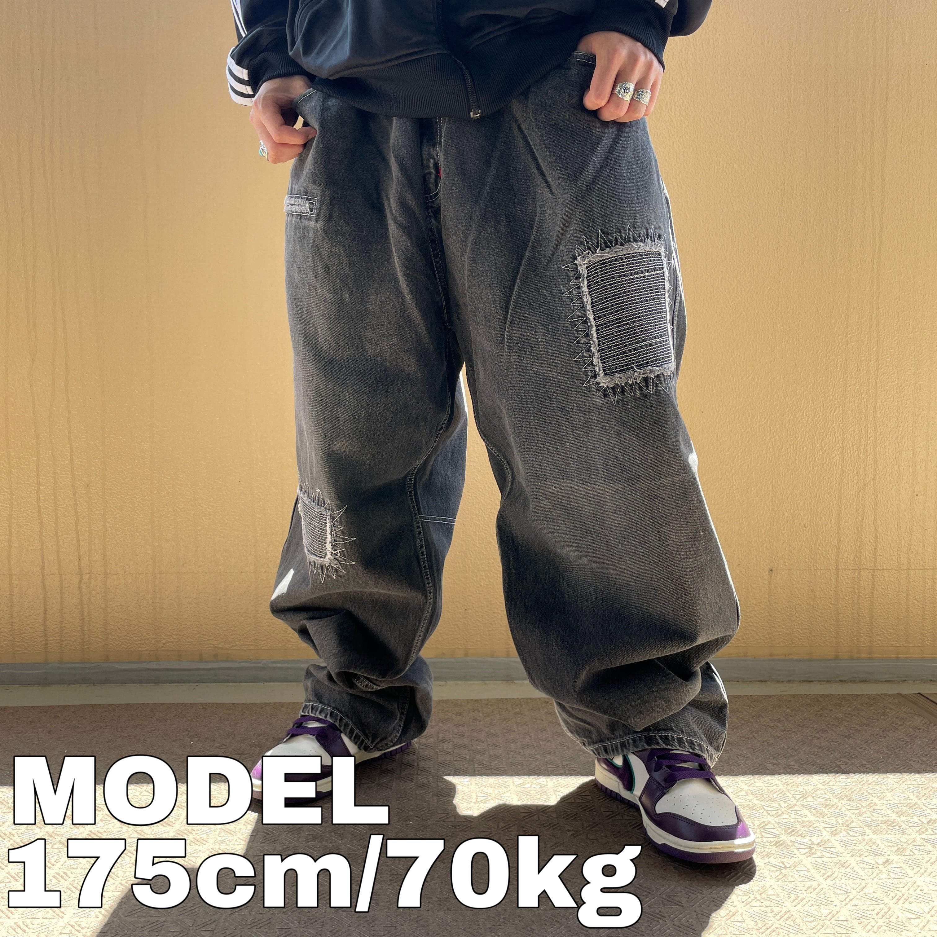 アカデミクス W42 ブラックデニム 黒ワイドパンツ ヒップホップ 刺繍