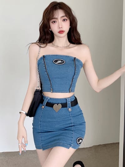 【韓国発】チューブトップベルトミディアムキャバドレス プチプラ》ベアトップミニスカートセットアップ/キャバドレス