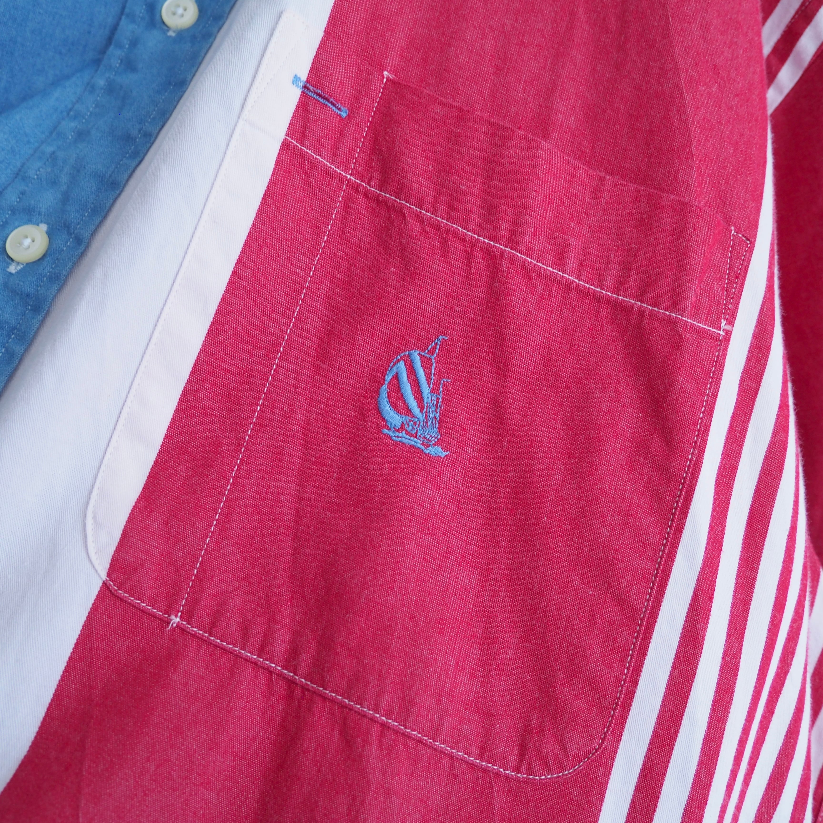 1990s ” Nautica ” tricolor color stripe pattern button down shirt (made in Usa)